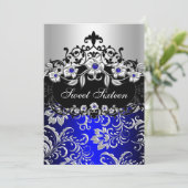 Sweet 16 Blue Silver Black Floral Jewel Party Invitation (Standing Front)