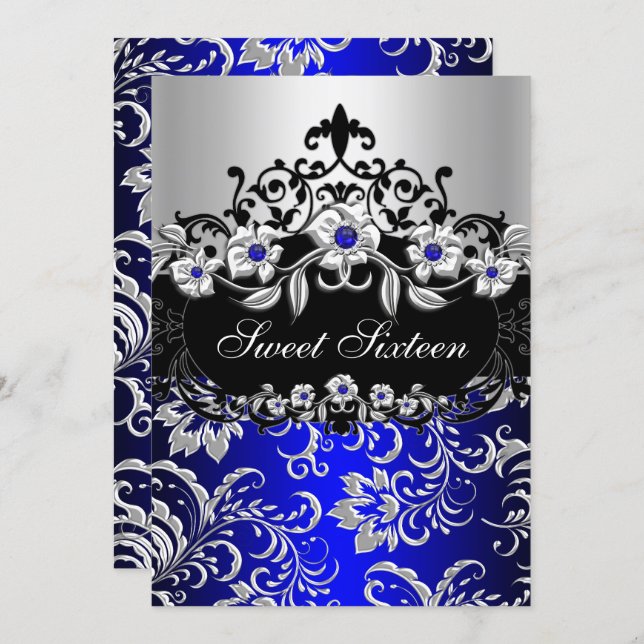 Sweet 16 Blue Silver Black Floral Jewel Party Invitation (Front/Back)