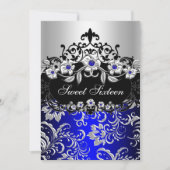 Sweet 16 Blue Silver Black Floral Jewel Party Invitation (Front)