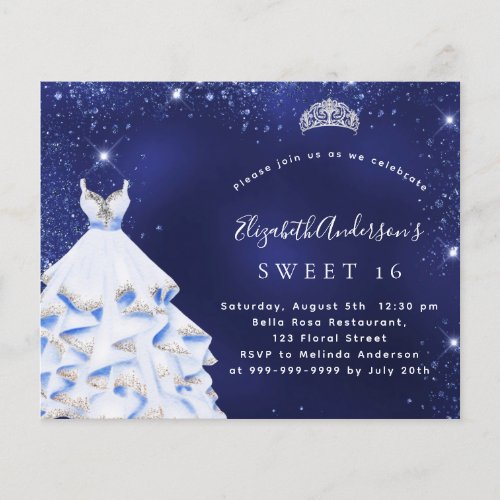 Sweet 16 blue silver dress budget invitation