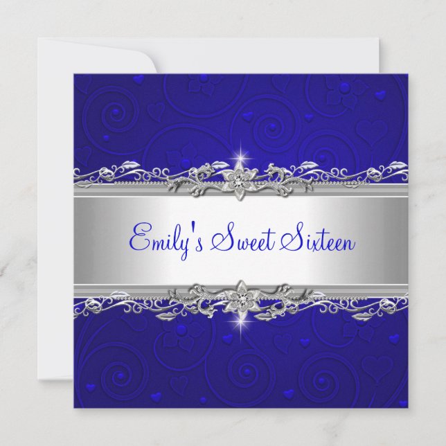 Sweet 16 Blue Silver Floral Love Birthday Party Invitation (Front)