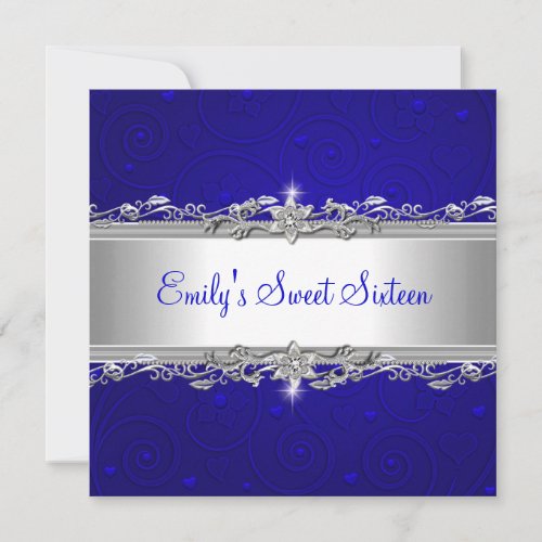 Sweet 16 Blue Silver Floral Love Birthday Party Invite