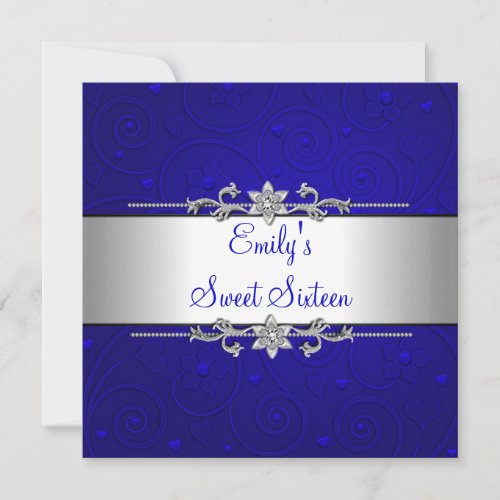 Sweet 16 Blue Silver Floral Love Birthday Party Custom Invitations