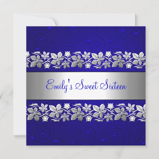 Sweet 16 Blue Silver Floral Love Birthday Party Invitation (Front)