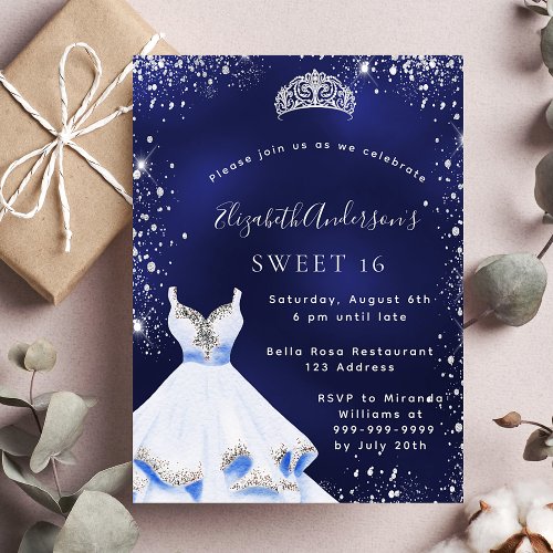 Sweet 16 blue silver glitter dress tiara glamorous invitation postcard