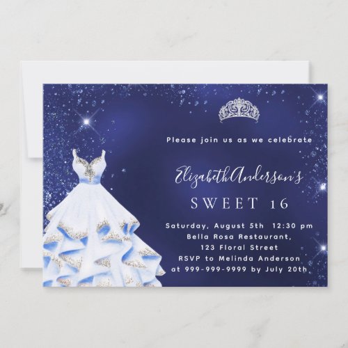 Sweet 16 blue silver glitter dress tiara invitation