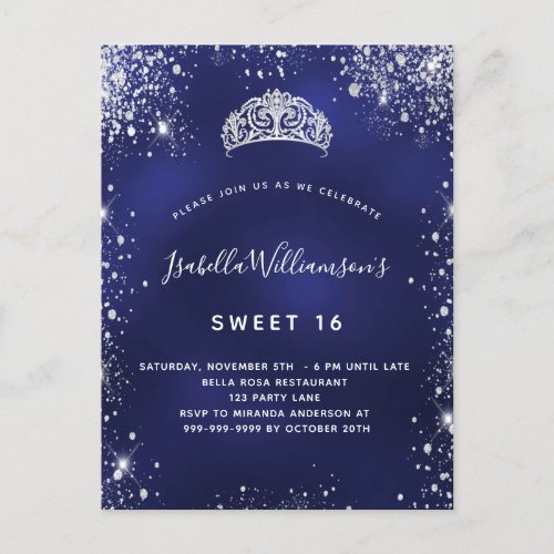 Sweet 16 blue silver glitter dust tiara crown invitation postcard