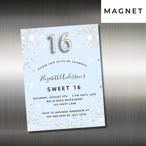 Sweet 16 blue silver glitter invitation magnet