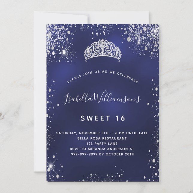 Sweet 16 blue silver glitter sparkles tiara crown invitation (Front)