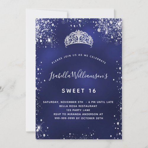 Sweet 16 blue silver glitter sparkles tiara crown invitation