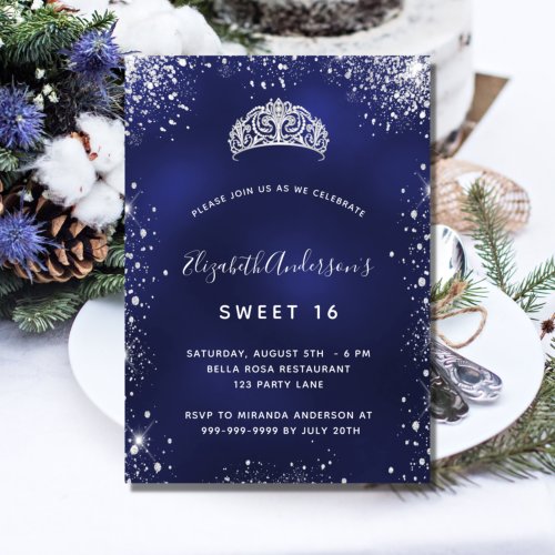 Sweet 16 blue silver glitter tiara glamorous party invitation