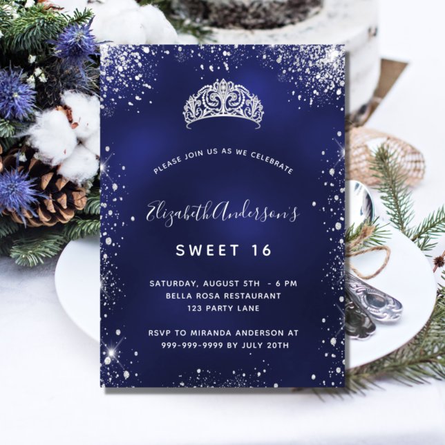 Sweet 16 blue silver glitter tiara glamorous party invitation (Creator Uploaded)