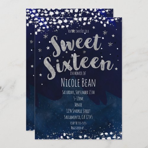 Sweet 16 Blue  Silver Starry Night Birthday Party Invitation