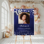 Sweet 16 blue silver stars photo welcome foam board<br><div class="desc">A welcome board for a Sweet 16,  16th birthday party.  A navy blue background with elegant faux silver stars. The blue color is uneven.  Personalize and add a photo,  name and text.  White letters. 
Back: no design</div>