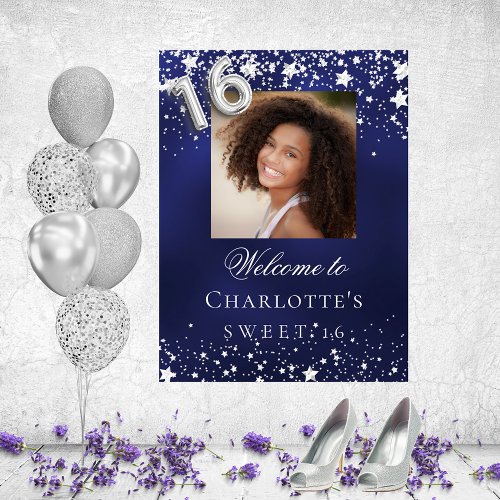 Sweet 16 blue silver stars photo welcome poster