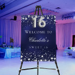 Sweet 16 blue silver stars welcome party foam board<br><div class="desc">A welcome board for a Sweet 16,  16th birthday party.  A navy blue background with elegant faux silver stars. The blue color is uneven.  Personalize and add a name and text.  White letters. 
Back: no design</div>