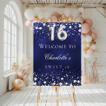 Sweet 16 blue silver stars welcome party foam board<br><div class="desc">A welcome board for a Sweet 16,  16th birthday party.  A navy blue background with elegant faux silver stars. The blue color is uneven.  Personalize and add a name and text.  White letters. 
Back: no design</div>