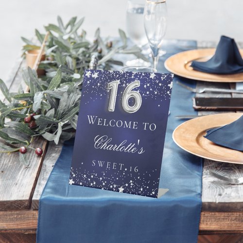 Sweet 16 blue silver stars welcome party pedestal sign
