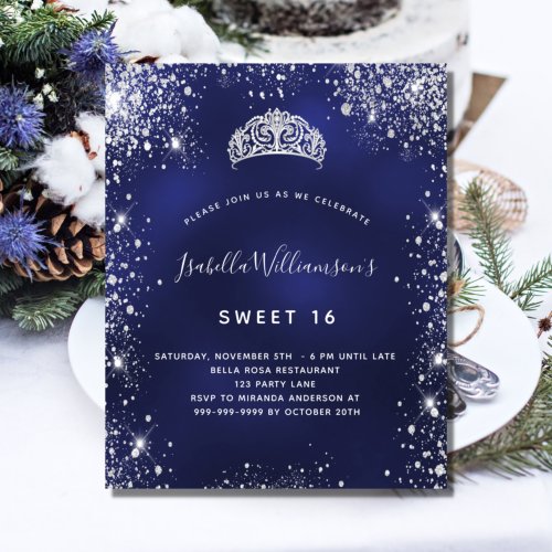Sweet 16 blue silver tiara budget invitation flyer