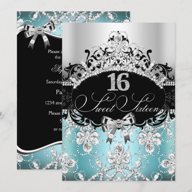 Sweet 16 Blue Sparkle Tiara Birthday Invite (Front/Back)