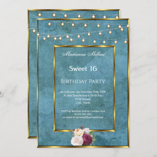Sweet 16 Blue Teal Gold Fairy Lights Roses Invitation
