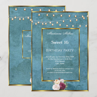 Sweet 16 Blue Teal Gold Fairy Lights Roses Invitation