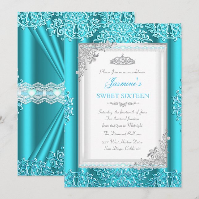 Sweet 16 Blue Teal Silver Lace Damask Tiara Invitation (Front/Back)