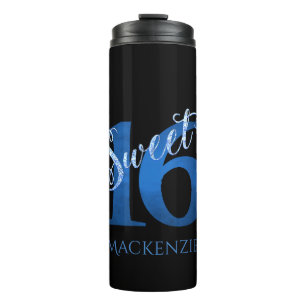 Sweet 16 Blue Watercolor and Faux Glitter Party Thermal Tumbler