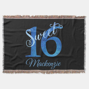 Sweet 16 Blue Watercolor and Faux Glitter Party Throw Blanket