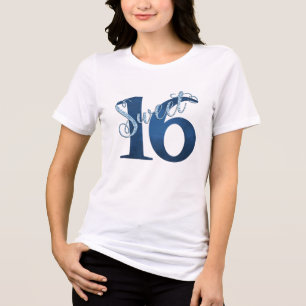 Sweet 16 Blue Watercolor and Faux Glitter Party Tri-Blend Shirt
