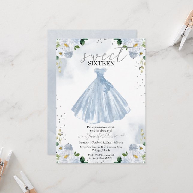 Sweet 16 Blue Watercolor Flowers Dress Invitation (Front/Back In Situ)
