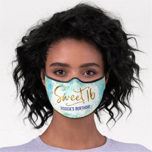 Sweet 16 Blue Watercolor Gold Glam Girly Birthday Premium Face Mask