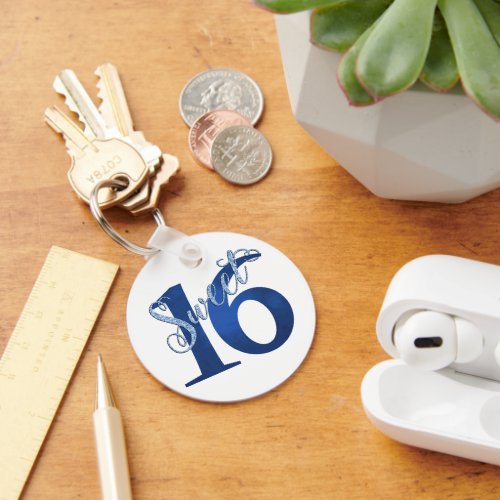 Sweet 16 | Blue Watercolor Grunge and Faux Glitter Keychain