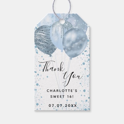 Sweet 16 blue white glitter balloons thank you gift tags