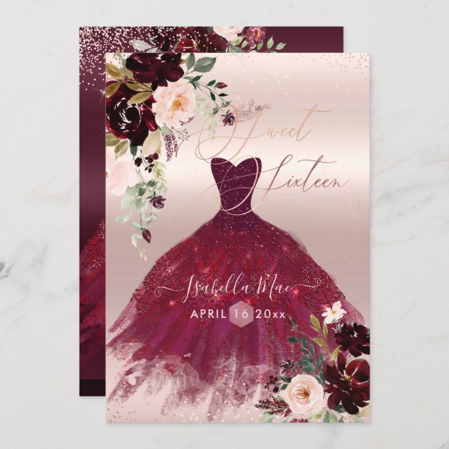 Sweet 16 Blush Burgundy Watercolor Flowers Invitation (Front/Back)