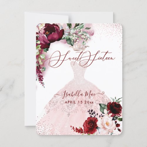 Sweet 16 Blush Burgundy Watercolor Flowers  Invitation