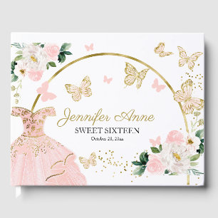 Sweet 16 Blush Butterfly Flowers Pink Dress Guest Book