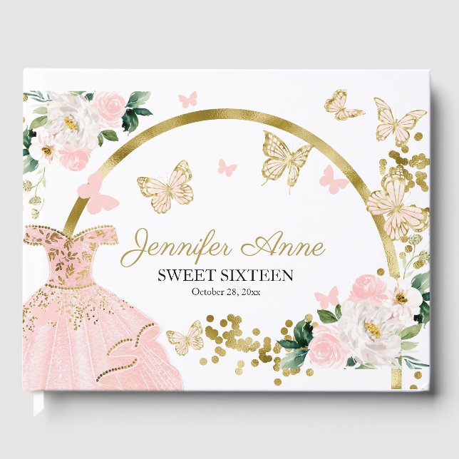 Sweet 16 Blush Butterfly Flowers Pink Dress Guest Book (Front)