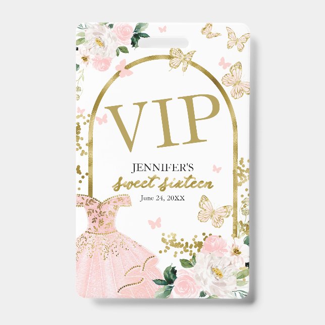 Sweet 16 Blush Floral Birthday 16 Birthday VIP Badge (Front)