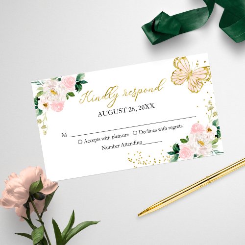 Sweet 16 Blush Floral Butterfly RSVP Enclosure Business Card