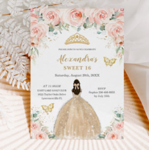Sweet 16 Blush Floral Champagne Dress Princess Invitation