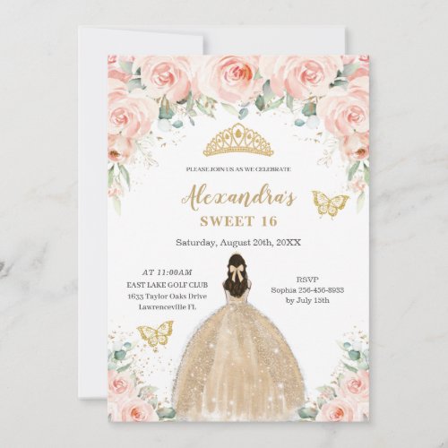 Sweet 16 Blush Floral Champagne Dress Princess Invitation