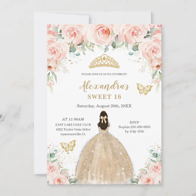 Sweet 16 Blush Floral Champagne Dress Princess Invitation | Zazzle