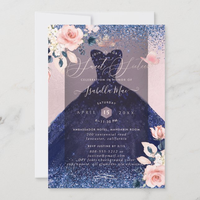 Sweet 16 Blush Floral Navy Blue Glitter Gown Invitation (Back)