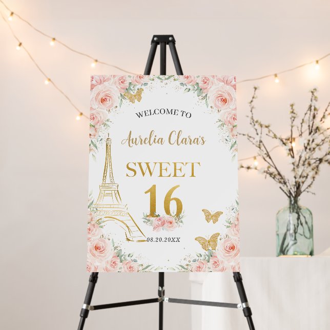 Sweet 16 Blush Floral Paris Eiffel Champagne Foam Board (In Situ (Stand))