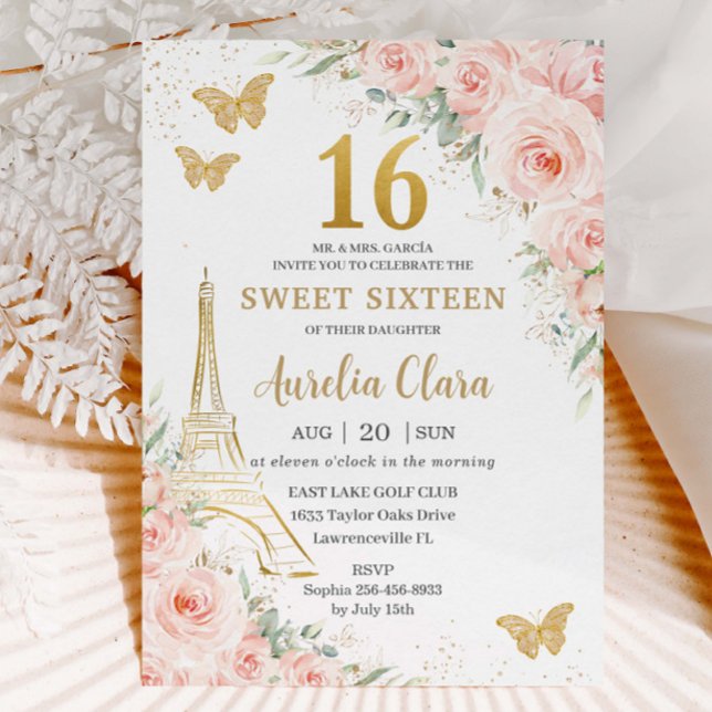 Sweet 16 Blush Floral Paris Eiffel Champagne  Invitation (Creator Uploaded)