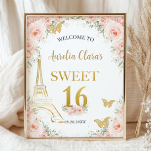 Sweet 16 Blush Floral Paris Eiffel Champagne  Poster