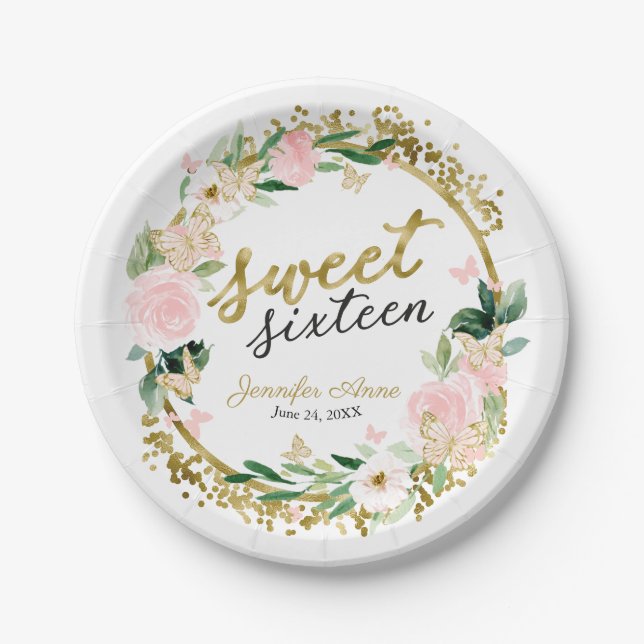 Sweet 16 Blush Floral Pink Butterfly Paper Plates (Front)