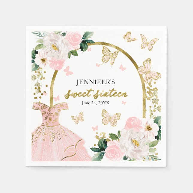 Sweet 16 Blush Floral Pink Dress Butterfly Napkins (Front)