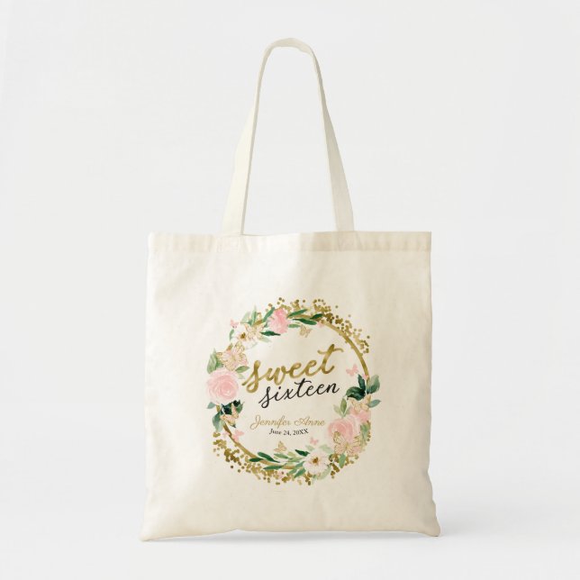 Sweet 16 Blush Floral Wreath Butterfly Tote Bag (Front)